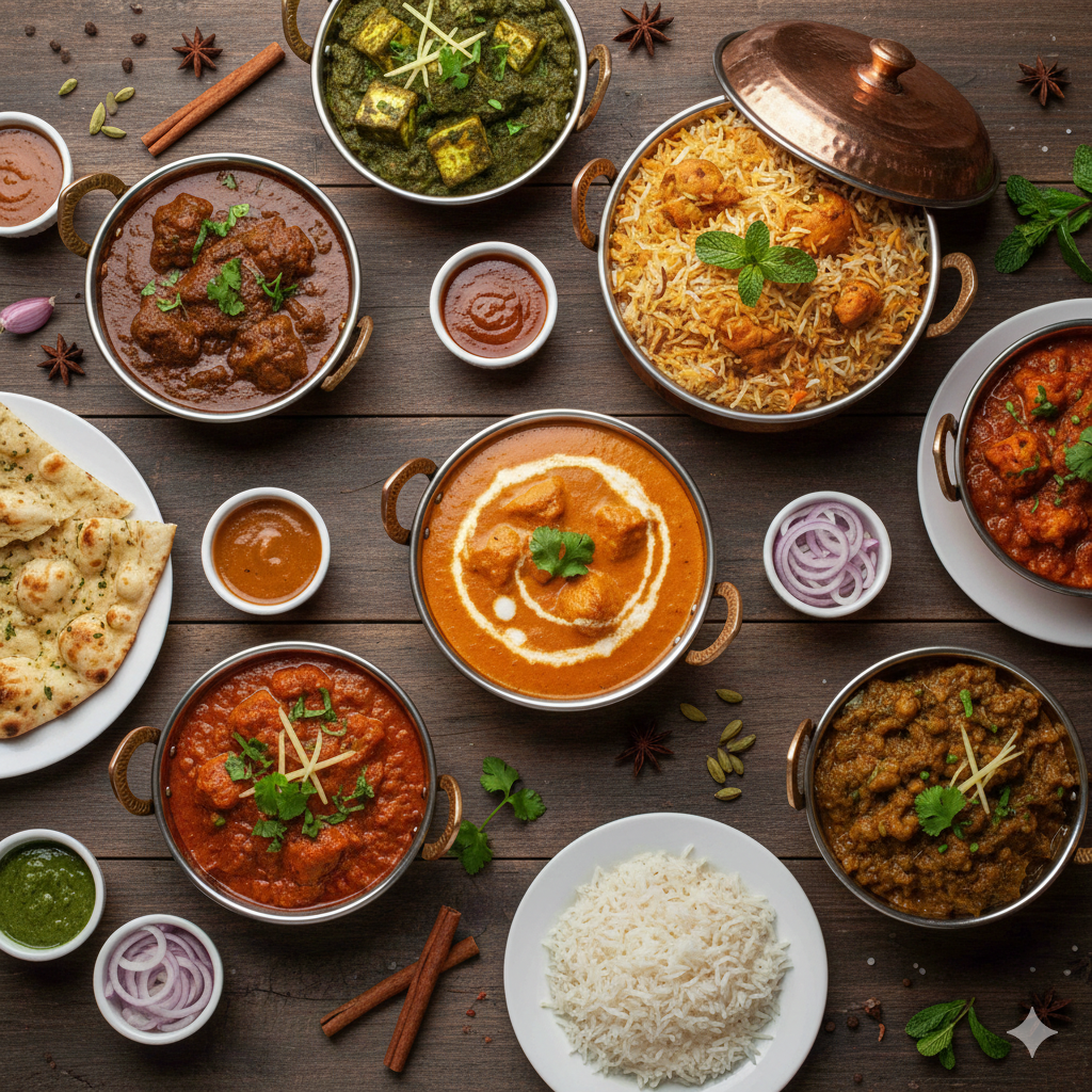 A top-down view of an authentic Indian food feast featuring chicken biryani, paneer butter masala, curries, naan, and rice on a wooden table.