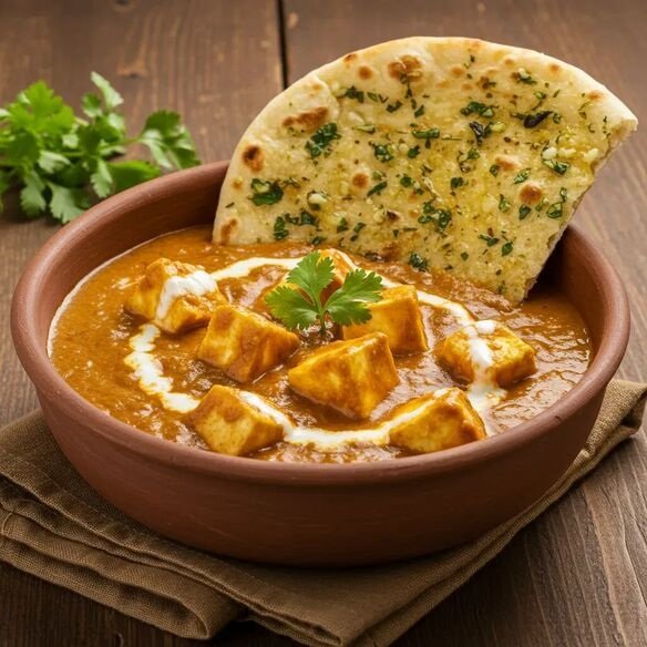 Rich and creamy paneer butter masala curry in an earthen bowl served alongside freshly baked garlic naan.