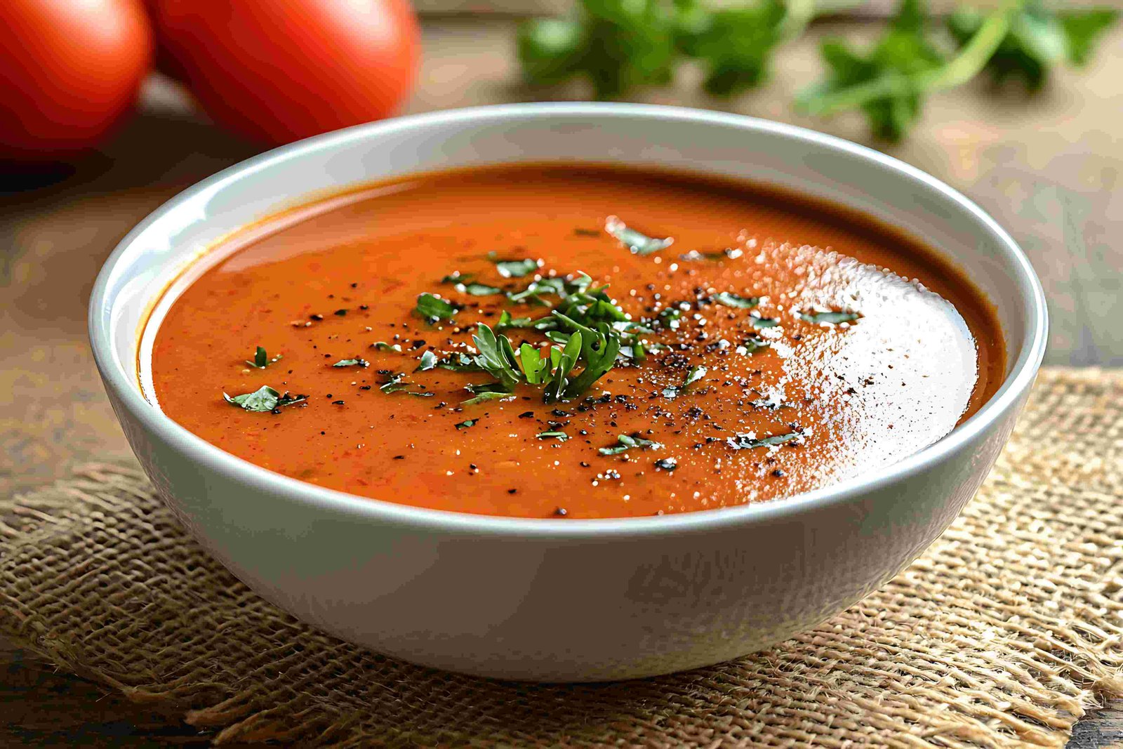 A ceramic bowl filled with warm, creamy tomato soup sprinkled with black pepper and fresh parsley, set on a burlap placemat.